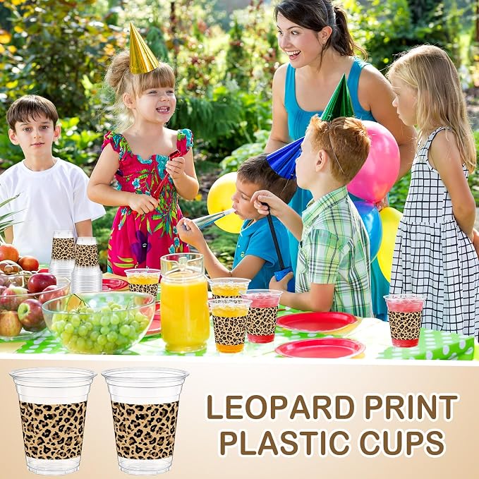 Qinyoung 50 Pcs Plastic Cups 12oz Disposable Cups Bulk Drinking Cup for Cold Drinks Baby Shower Wedding Birthday Valentine's Day Party Supplies (Leopard Print)