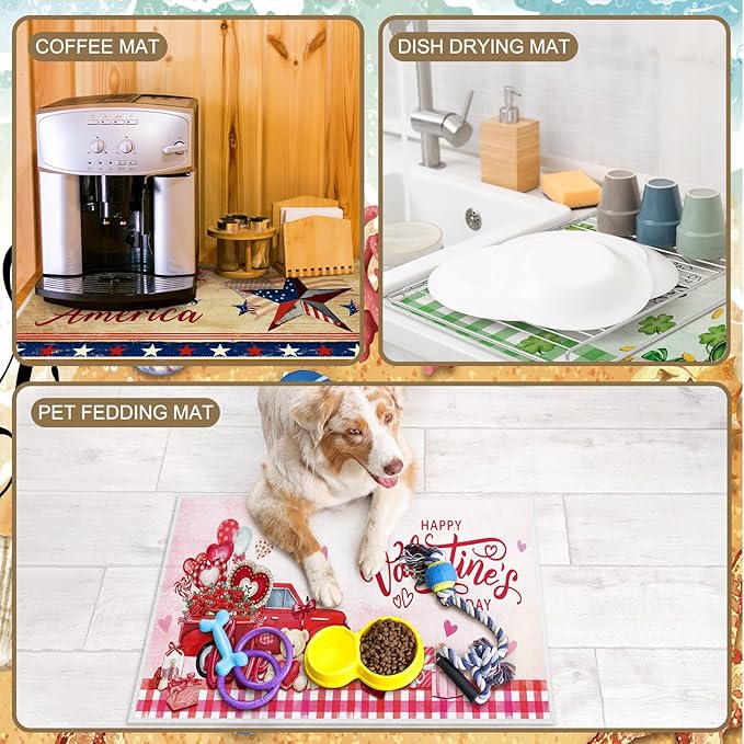 Nuanchu 6 Pcs Seasonal Dish Drying Mats for Kitchen Counter 24"x 16" Easter 4th of July Valentine St. Patrick's Day Microfiber Drainer Mat Large Holiday Spring Summer Washable Mat for Home Accessories