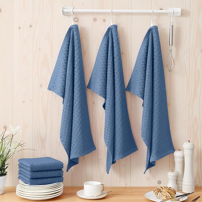 Homaxy 100% Cotton Terry Kitchen Towels(15" x 25", 6 Pack), Soft and Super Absorbent Dish Towels, 380 GSM Reusable Tea Towel with Hanging Loop, Pineapple Grid Designed, Navy Blue