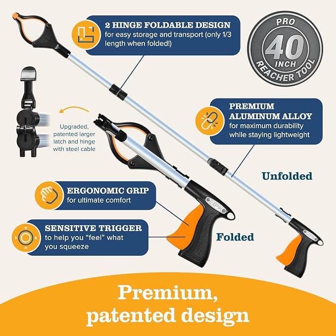 EZPIK Pro 40" Extended Grabber Reacher Tool for Elderly, Trash Hand Grabber Pickup Sticks for Seniors, Telescoping Extension Gripper Claw Pickup Tool, Hand Extension Magnetic Folding Tongs