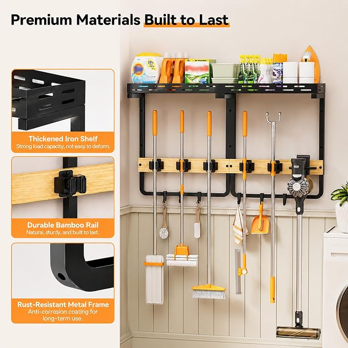 Large Broom Mop Holder Wall Mounted with Top Shelf,3-in-1 Cleaning Supplies Organizer, Laundry Room Storage Rack with 5 Clamps and 6 Removable Hooks for Home Garage, Utility Room and Kitchen