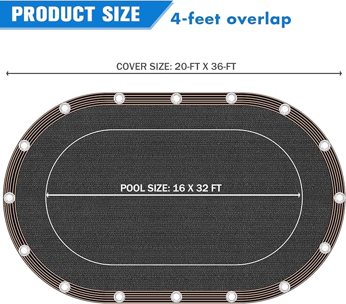 16 Ft x 32 Ft Oval Pool Leaf Net Cover, Fine Mesh Oval Above Ground Swimming Pool Leaf Net Cover, Covers Size: 20 Ft x 36 Ft (Includes 4-feet Overlap), Black