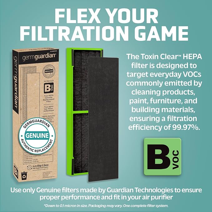 GermGuardian Air Purifier with HEPA 13 Filter, Removes 99.97% of Pollutants & Filter B Toxin Clear HEPA Genuine Replacement Filter, Removes 99.97% of Pollutants
