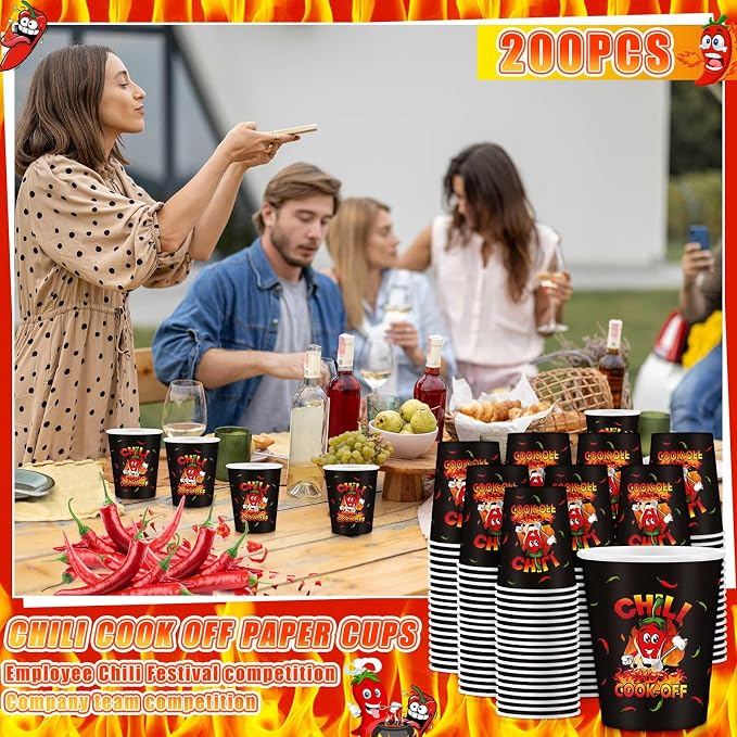 Ziliny 200 Pcs Chili Cook off Party Decorations Disposable Chili Cook off Paper Tasting Cups Food Sample Bowls for Mexican Party Supplies(Stew,9 oz)