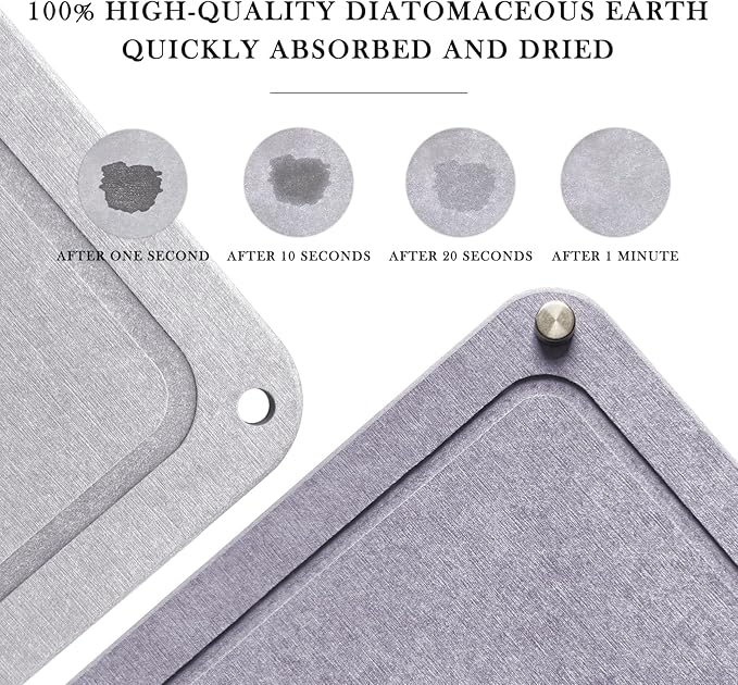 Large Diatomaceous Earth Stone Dish Drying Mats for Kitchen Counter,24"×16",Quick Drying,with 4 Non-Slip Stainless Steel Feet, Suitable for Various Countertops, Bowl Racks, Medium Gray