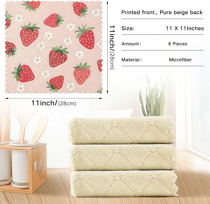 ALAZA Dish Towels Kitchen Cleaning Cloths Strawberry Pattern Small Scale Dish Cloths Absorbent Kitchen Towels Lint Free Bar Tea Soft Towel Kitchen Accessories Set of 6,11"x11"