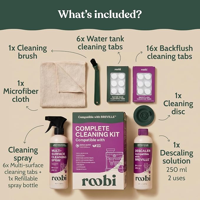 Roobi Espresso Cleaning Kit Compatible with Breville. Includes Descaling Solution, Espresso Cleaning Tablets, Water Tank Tabs, Multi-Surface Cleaner, 54mm Disc, Brush & Cloth.