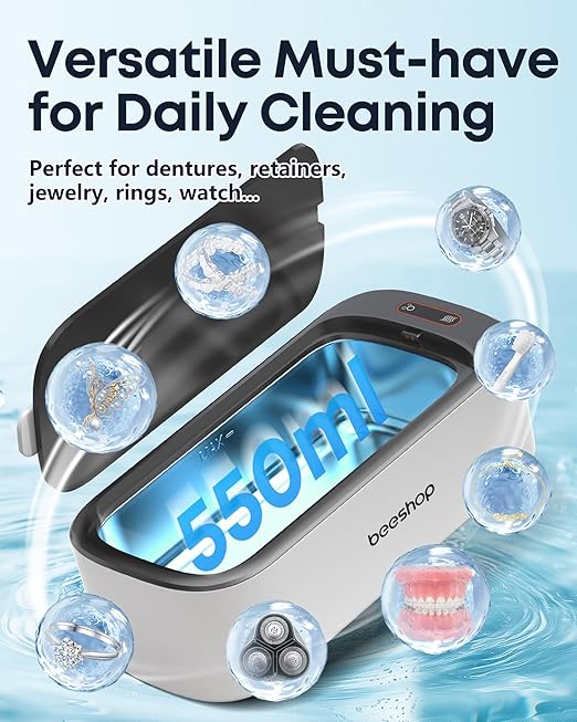 Professional Ultrasonic Jewelry Cleaner - 550ml(19oz) Ring Cleaner with Degas Function, 2 Time Modes, 48Khz Jewelry Cleaner Sonic Machine for Eyeglasses, Dentures, Retainer, Necklaces, Watch(Black)