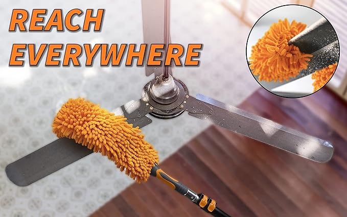 5-to-8 ft Flexible Fan Duster for Ceiling Fan with Extension Pole (11+ Foot Reach) // Microfiber Ceiling Fan Blade Cleaner // Washable Fan Brush and Telescopic Pole // Best Flex-and-Stay Dusting Kit