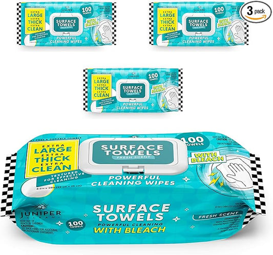 Juniper CLEAN 3 Packs Surface Wipes with Bleach, Thick & Large Dispose, All-Purpose Cleaner for Bathroom, Kitchen, Office, 300 Count Soft Flow, Biodegradable, Fresh Scent