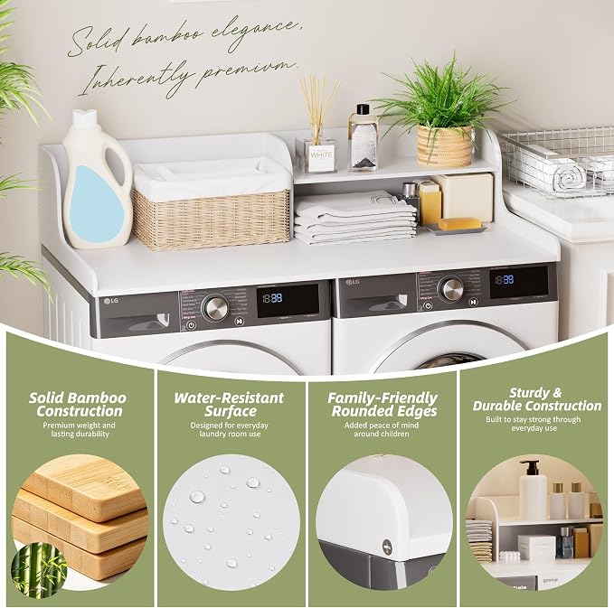 Washer Dryer Countertop with Shelf, 54" x 27.5" 2-Tier Bamboo Laundry Topper, Washer and Dryer Countertop for Laundry Room Organization with Edge Rails, Waterproof, White