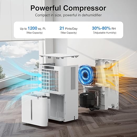 ZAFRO 21 Pint Dehumidifier for Home & Basement up to 1200 Sq.Ft, Auto Humidity Control, Continuous & Manual Drainage with Drain Hose, 40dB Ultra Quiet, Auto Defrost, 24H Timer