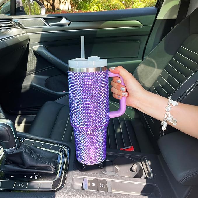 40oz Bling Tumbler with Handle and Straw Lid Rhinestone Studded Tumbler Cups Vacuum Insulated Stainless Steel Double Wall Water Bottle Travel Mug Gifts for Women Her (Purple)