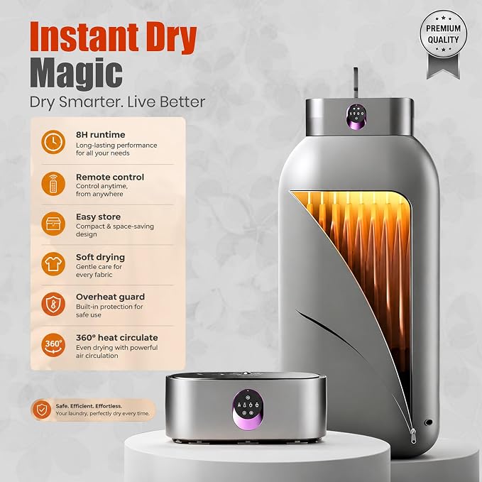 Portable Clothes Dryer, Folding Travel Dryer for Up to 12 Clothes | Includes Portable dryer for clothes, remote control, compact foldable design, ideal for apartments RV hotels & travel