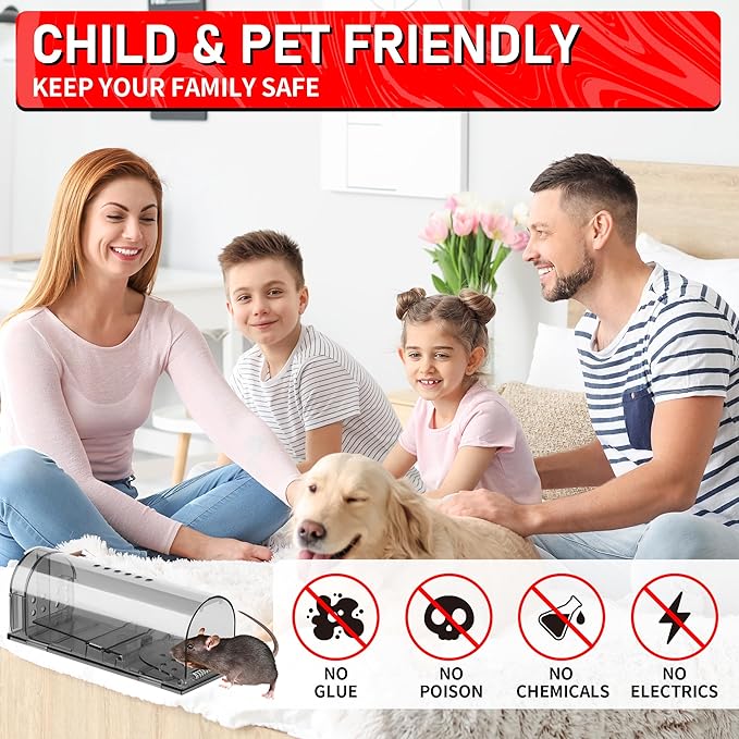 LULUCATCH Humane Mouse Traps 2 Pack | Live No Touch Catch and Release No Kill Rodent Traps | Reusable with Cleaning Brush | Pet Safe Indoor Outdoor for Mice, Rats, Chipmunks, Voles, Grey