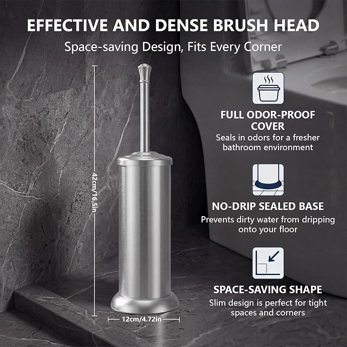 Toilet Brush and Holder Set,304 Stainless Steel Heavy Duty Toilet Brush,Extra Long Handle Toilet Bowl Brush and Holder for Bathroom,Durable,Deep Cleaning,Extra Dense Bristles (Brushed Nickel)