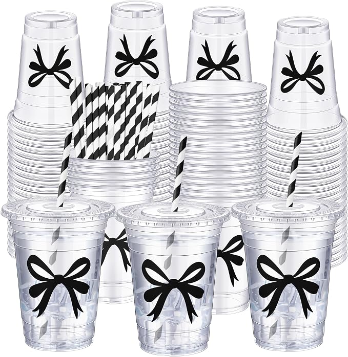 Sliner 25 Pcs 16 oz Coquette Disposable Plastic Cups with Straw for Party Supplies Bow Cups Birthday Wedding Bridal Engagement Party Drinkware Baby Shower Decoration (Black Bow)