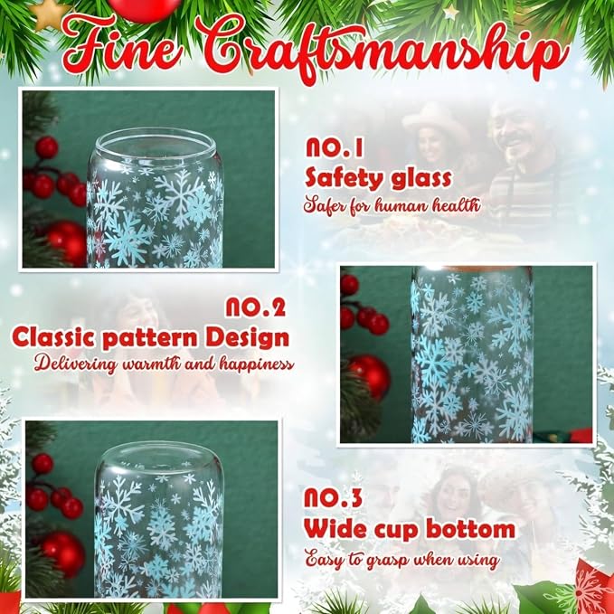Sliner 2 Pcs Snowflake Glass Cups Christmas Tumbler with Lid Straw Winter Drinking Glasses 16 oz Iced Coffee Cup with Cleaning Brush Beer Can Tumbler Cute Holiday Gifts for Home Office Decorations
