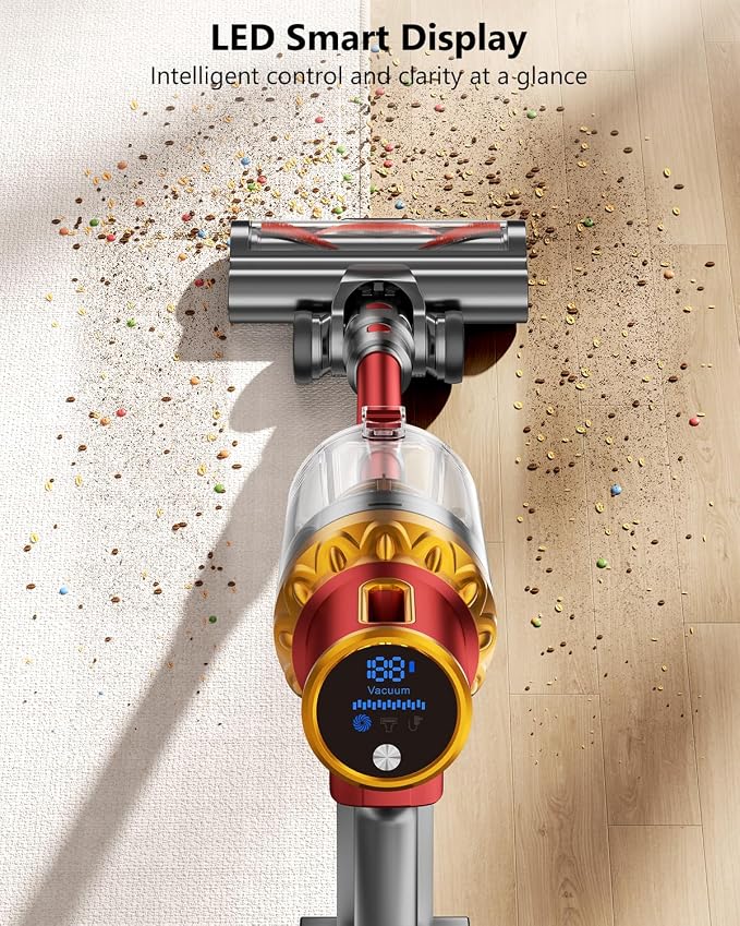 Cordless Vacuum Cleaner, 185AW Powerful Suction Vacuum Cleaner for Home, 65Mins Runtime Self-Standing Stick Vacuum, Anti-Tangled, Lightweight Vacuum Cordless for Home Hardwood Floor Carpet Pet Hair