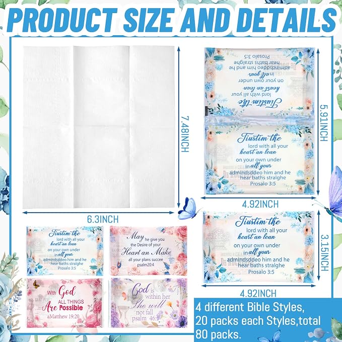 TaoBary 80 Pack Christian Pocket Tissues for Wedding Guests Scripture Floral Pocket Tissues Travel Packs Inspirational Bible Verse 3 Ply Soft Facial Napkin for Wedding Travelling Ceremony Supplies