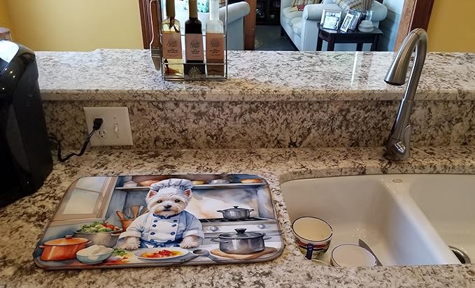Caroline's Treasures DAC6339DDM Westie The Chef Dish Drying Mat Absorbent Dish Drying Mat Pad for Kitchen Counter Dish Drainer Mat for Countertop, 14 x 21", Multicolor
