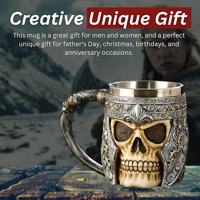 Rite Edge Knight Skull Mug 500-600ml - Resin & Stainless Steel - Unique Medieval Design - Handcrafted Skull Mug - Ideal for Collectors and Fans of Knights and Medieval Fantasy