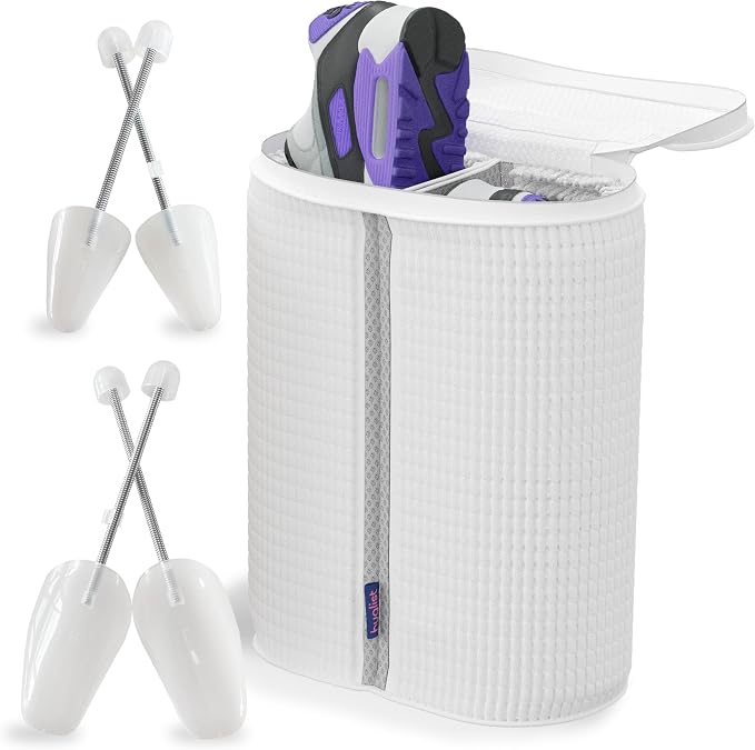 Shoe Washing Machine Bag - Shoe Bag for Washing with Adjustable Shoe Trees, Laundry Shoe Bag for 2 Shoes, Fluffy Fiber, Wrap-around Cleaning in washer and dryer, Durable Zipper, White