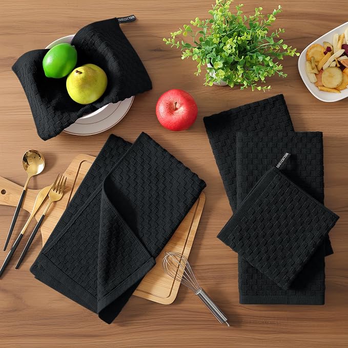 Homaxy 100% Cotton Terry Kitchen Towels(15" x 25", 12 Pack), Soft and Super Absorbent Dish Towels, 380 GSM Reusable Tea Towel with Hanging Loop, Pineapple Grid Designed, Black