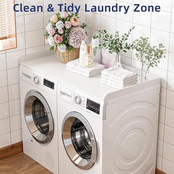 Memobarco Washer Dryer Countertop, 54" Width x 27.5" Depth Laundry Countertop Organization, Wooden Washer and Dryer Topper for Folding, Sorting & Ironing, Easy to Install, White