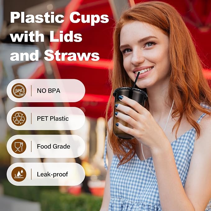KesaPlan 50 Pack 16 oz Black Plastic Party Cups with Lids & Straws, Disposable Iced Coffee Cup with Lids, Round Bottom Drinking Cups for Cocktail Cold Beverages Birthday Wedding Picnics Party Supplies