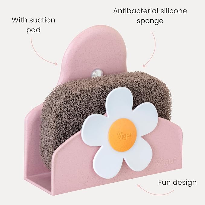 Vigar Florganic Bundle of 2 - Daisy-Shaped Dish Brush with Vase Holder + Daisy Sponge Holder with Suction Cup and Sponge for Kitchen Sink Caddy