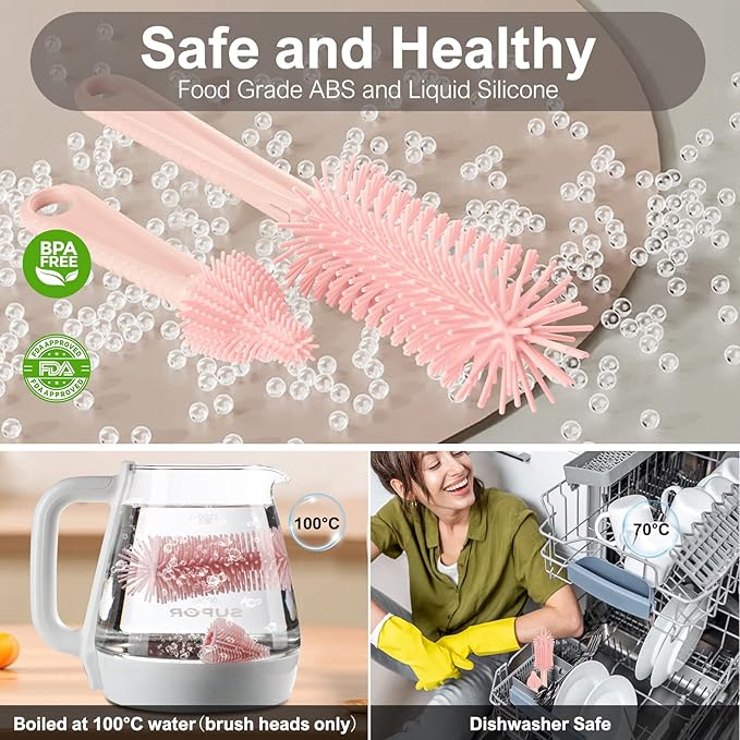 6 in 1 Bottle Cleaning Brush Set with Silicone Bottle Brush, Nipple Brush, Straw Brush, Soap Dispenser, Drying Rack for Baby Bottle and Water Bottle, Space Saving Baby Essentials for Home and Travel