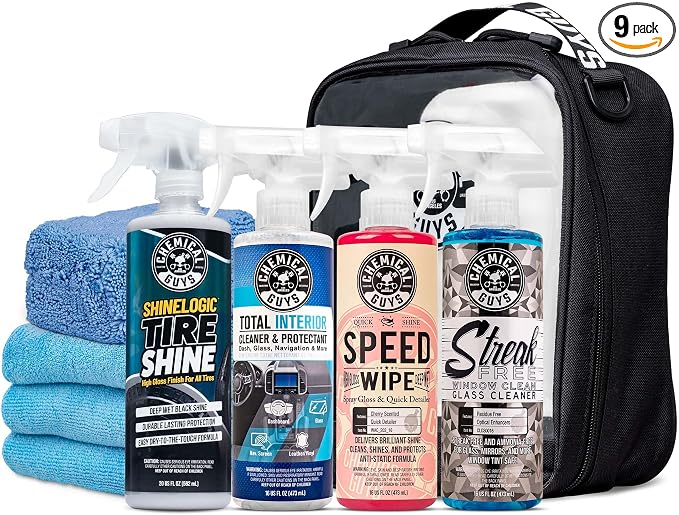 Chemical Guys Car Detailing Kit, Interior and Exterior Cleaning, 9-Piece | Includes Tire Shine, Quick Detailer, Total Interior & Glass Cleaner, Microfiber Towels, Applicator & Storage Bag