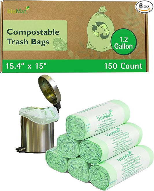 bioMat Compostable Trash Bags 1.2 Gallon, 150 Count, Small flat top Kitchen Food Scrap Bin Liners, BPI, CMA and OK Compost HOME certified, Meets the ASTM D6400 Standard