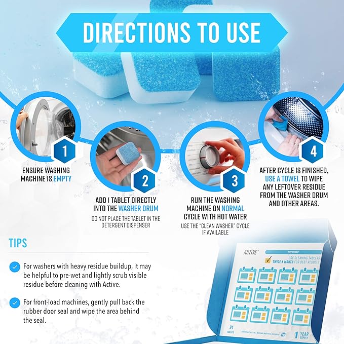 ACTIVE Washing Machine And Dishwasher Cleaning Tablets Bundle - Includes 12 Month Supply Dishwasher Cleaner Deodorizer & Washing Machine Descaler Deep Cleaning Tablets - 48 Tablet Combo