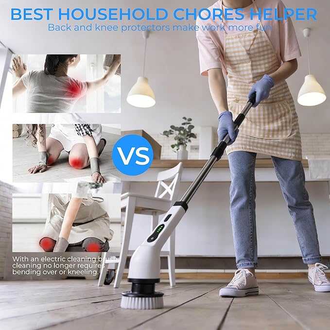 Electric Spin Scrubber for Bathroom, Cordless & Rechargeable with 6 Interchangeable Heads, Extendable Long Handle 48 in for Tile, Grout, Tub & Floor Cleaning