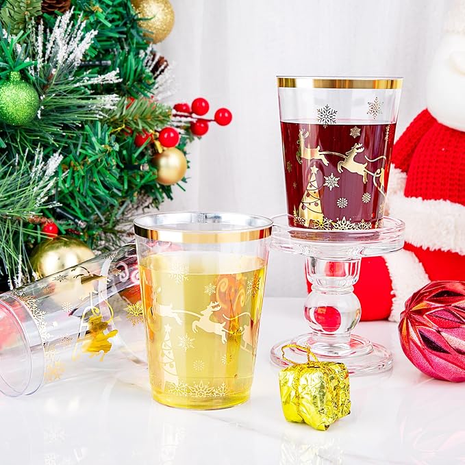 supernal 100pcs Christmas Party Cups,Gold Plastic Cups with Christmas Design,Plastic Party Cup,Disposable Cups,10oz Christ's Mass and Disposable Cups for Xmas Party