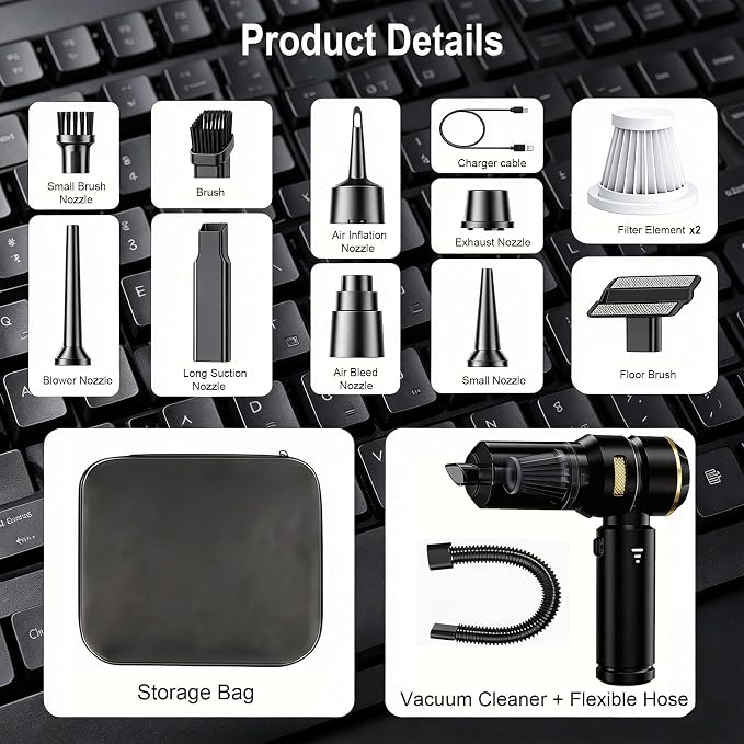 Car Vacuum/Air Duster Cordless - 22000Pa Super Power 4-in-1 Handheld Vacuum, Mini Portable Car Vacuum& Air Duster & Air Blower & Pump with 10 Cleaning Nozzle Tools for Car, Home, Office, Pet Hair