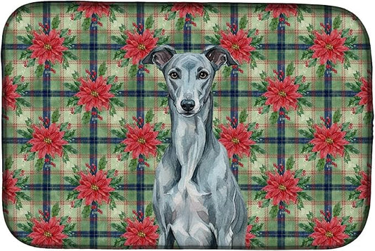 Caroline's Treasures Blue Brindle Greyhound Christmas PoinsettIas Dish Drying Mat Absorbent Dish Drying Mat Pad for Kitchen Counter Dish Drainer Mat for Countertop, 14 x 21", Multicolor