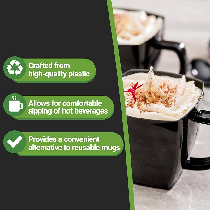 Restaurantware-5 Ounce Square Espresso Cups, 100 Disposable Plastic Coffee Cups - PS Plastic, With Handles, Black Dessert Cup, For Catering Events, Parties, Weddings, And Cafes