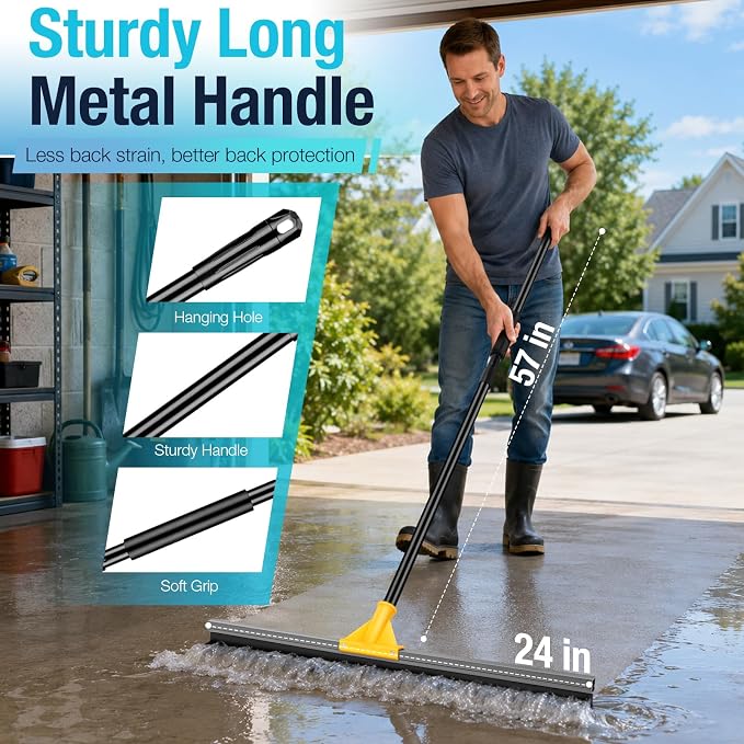 SOBONNE 24" Floor Squeegee for Concrete Floor Water Removal | Heavy Duty Large Rubber Squeegee Broom/ 57" Long Handle for Tiles Window Shower Garage Patio Deck Pool/Yellow