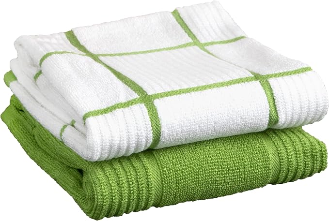 T-Fal Solid & Checked Parquet Kitchen Towels: Highly Absorbent, Super Soft Long Lasting - 100% Cotton, 16"x26" Dish Towels for Cleaning & Drying Dishes, Pans, Glassware, Countertops, 2-Pack, Green