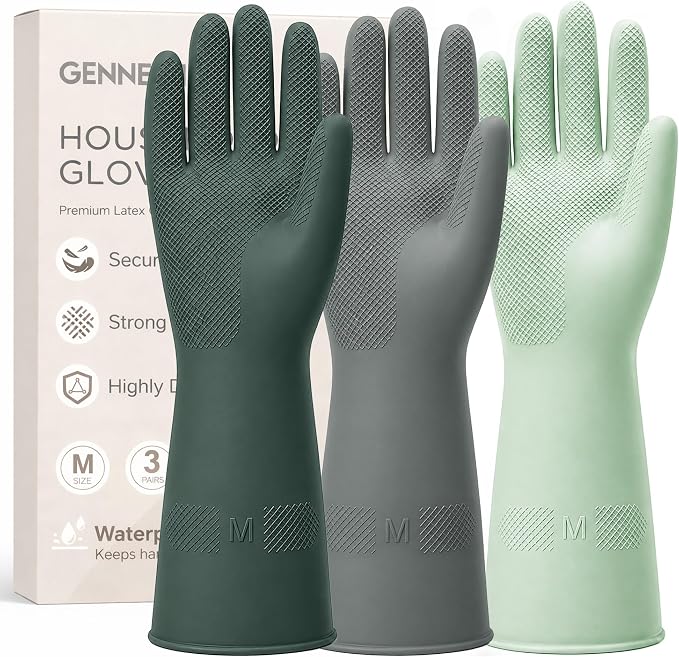 Rubber Cleaning Gloves, Waterproof Non-Slip Long Cuff Dishwashing Household Kitchen Gloves, Gray+Green, Medium, 3 Pairs
