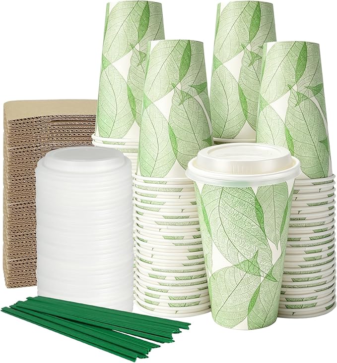 Plant-Based Compostable Cups Set – PLA Lined Disposable Coffee Cups with Lids, Straws & Sleeves, Eco-Friendly for Hot & Cold Drinks, Party, Travel, Office (16 oz 50 Count)