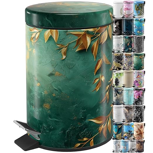 Sanilo Small Bathroom Trash Can with Lid [1.3 Gallon] - Lidded Tiny Trashcan for Garbage - Mini Metal Bin with Soft Closing Mechanism - Bath Room Accessoire Wastebin with Inner Bucket (Greego)