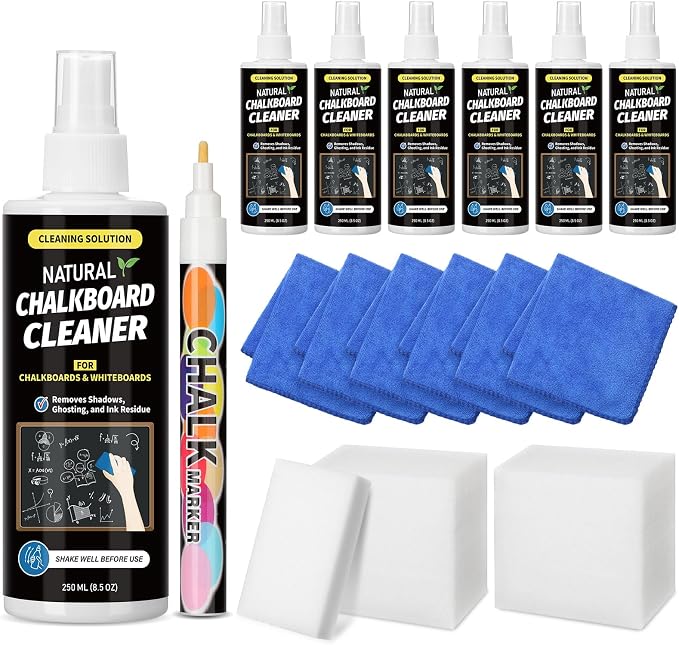 Fuyoooo 6 Sets Chalkboard Cleaner Spray and Eraser Kit 8oz Dry Erase Board Cleaner Spray Microfiber Cleaning Cloths with Sponge Erasers Liquid Chalk Markers for Whiteboard Blackboard Dry Erase Board