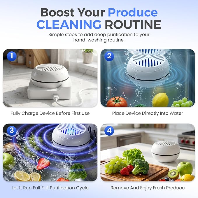 Fruit & Vegetable Purifier, Portable Wireless Deep Cleaning Device, USB Rechargeable Food Purifier for Fruits, Veggies, Meat and Rice, White