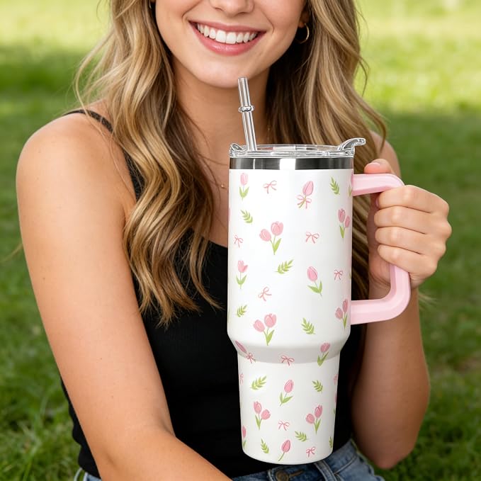 Ceovfoi 40 oz Tulip Bow Tumbler with Handle & Straw, Vacuum Insulated Stainless Steel Flip Top Water Bottle, Floral Tulip Bow Travel Mug, Spring Gifts for Women, Cute Tumbler for Car Cup Holder