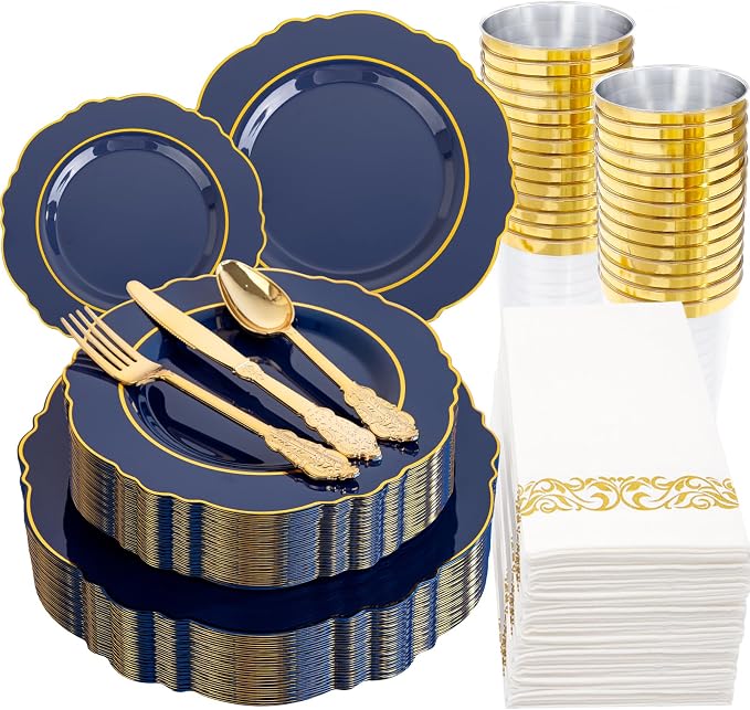 KIRE 210Pcs Navy Blue Plastic Plates - Blue and Gold Plates Disposable - 30guest Baroque Plastic Dinnerware for Upscale Wedding/Parties/4th of July