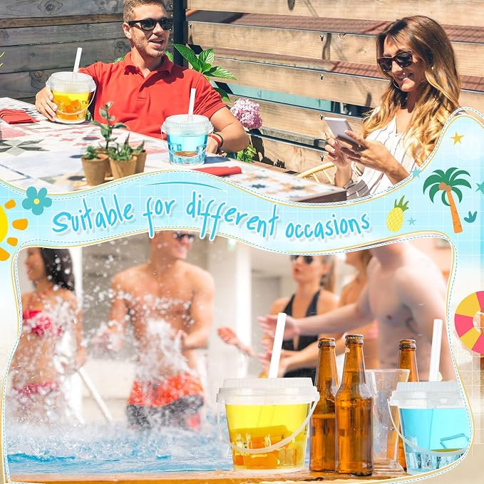 Funnymoom 100 Set 24 oz Clear Drink Buckets with Lids and Straws, Disposable Plastic Rum Cocktail Pails with Handles, Large Smoothie Cups for Adult Bachelorette Party Supplies, Beach & Catering Events